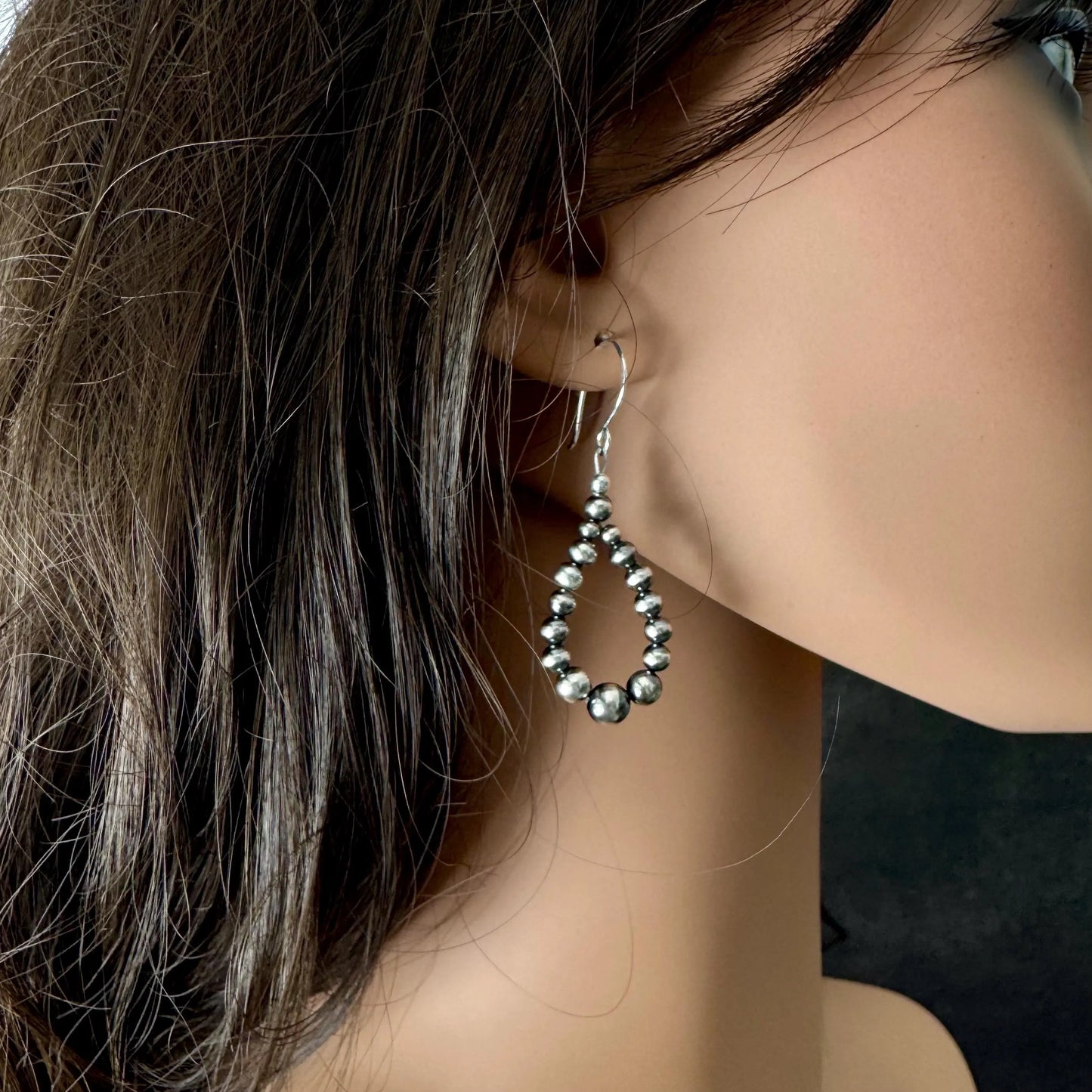 Navajo Pearl Hoop Teardrop Earrings, Dainty Sterling Silver Southwestern Jewelry