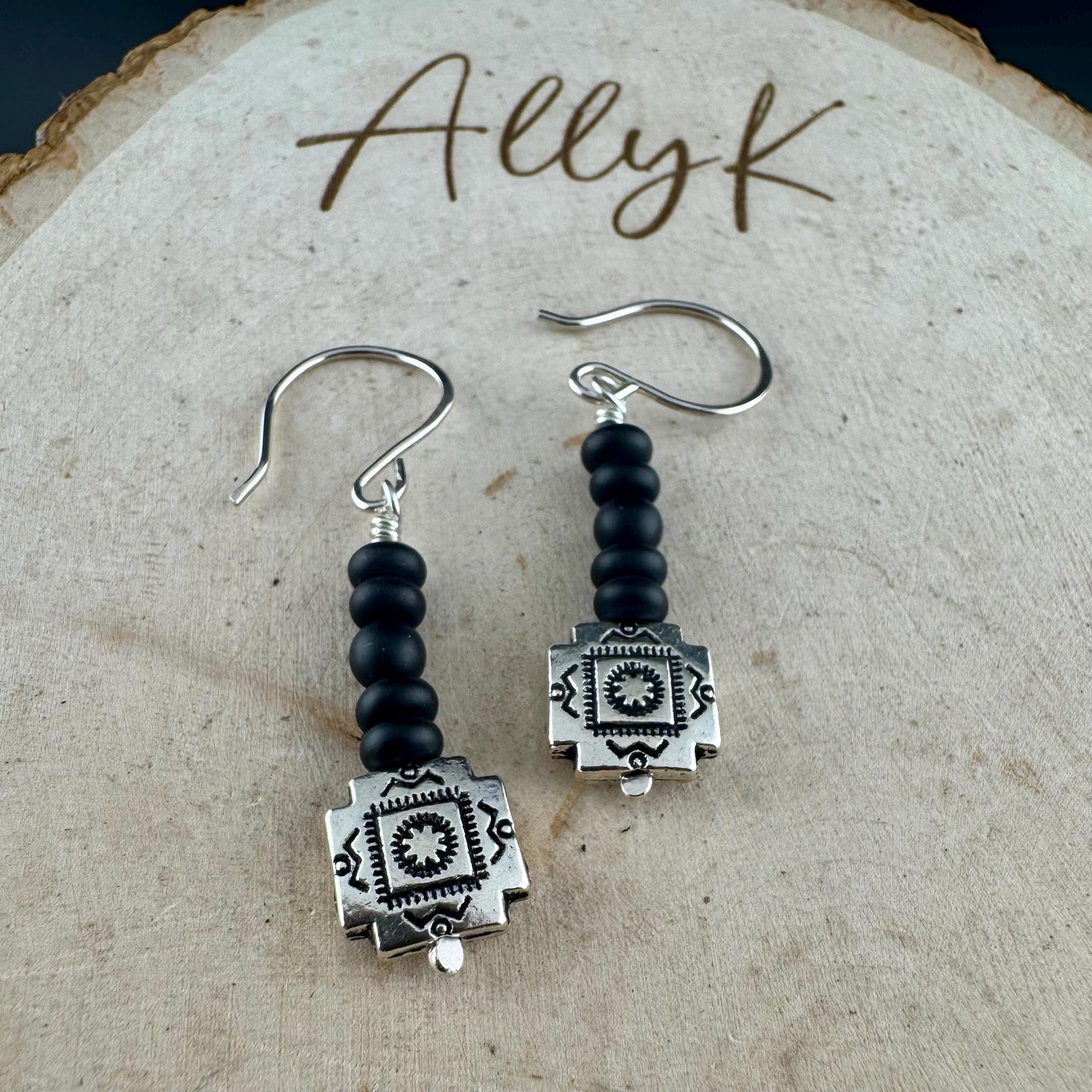 Onyx Dangle Earrings: Southwestern Aztec Sterling Silver