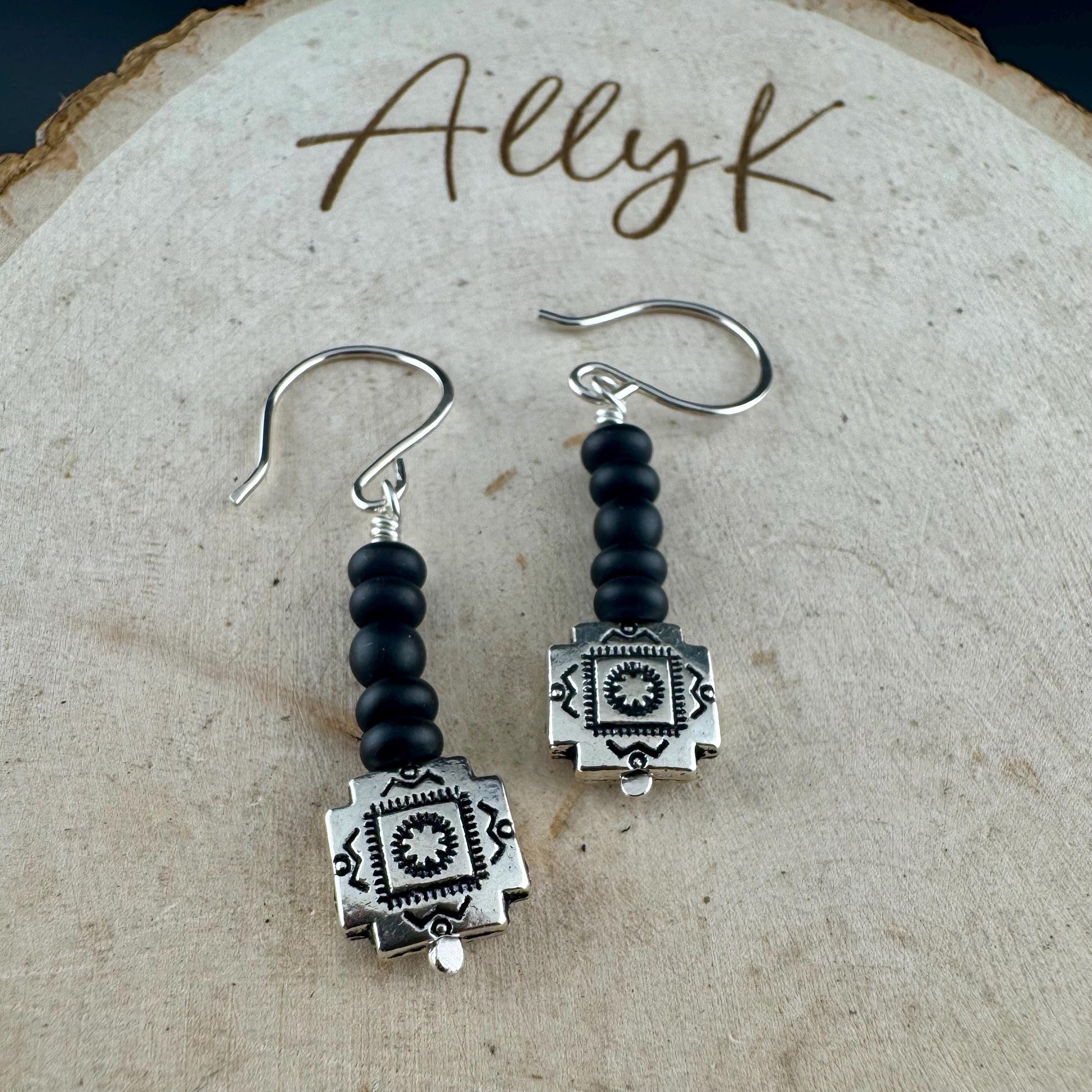 Onyx Dangle Earrings: Southwestern Aztec Sterling Silver