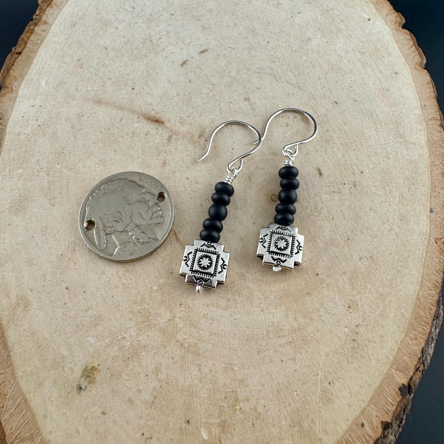 Onyx Dangle Earrings: Southwestern Aztec Sterling Silver