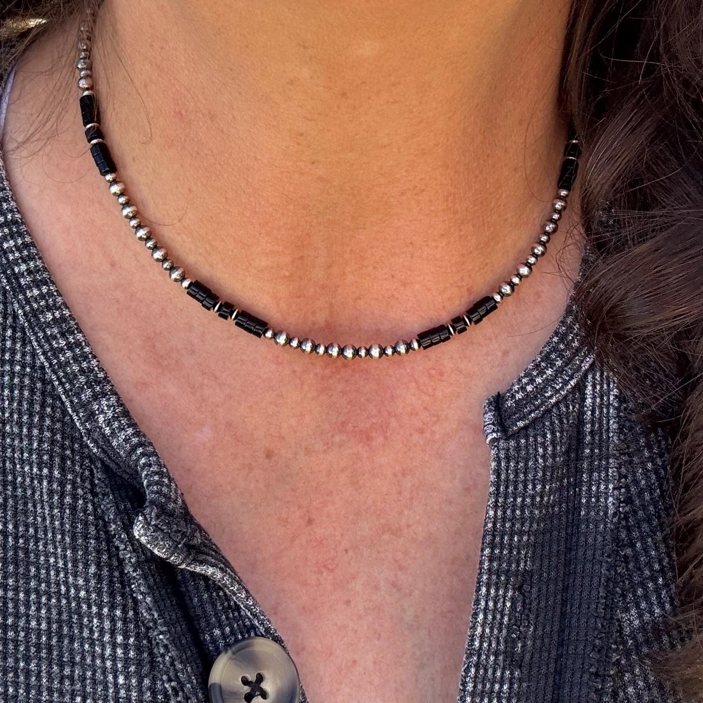 Black Onyx Navajo Pearl & Necklace - Elegant Sterling Silver Heishi Gemstone Jewelry