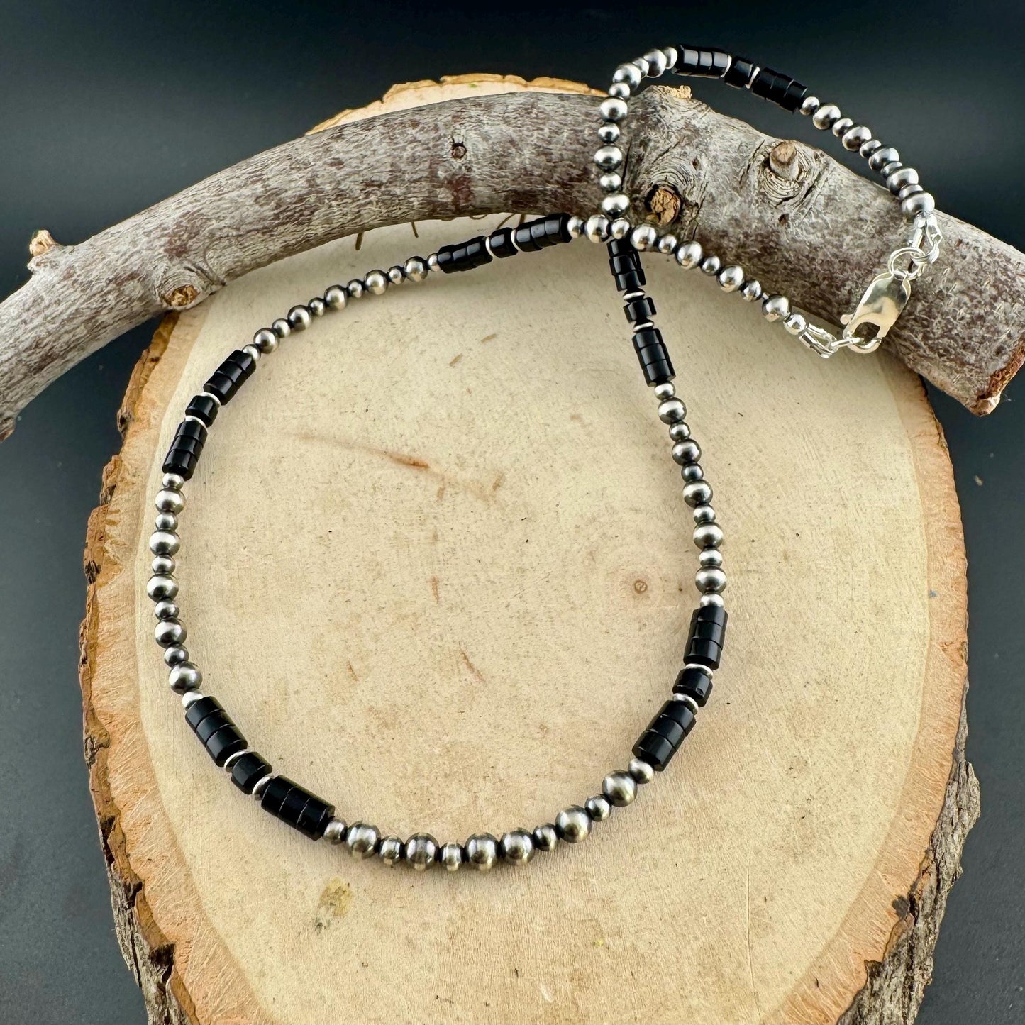 Black Onyx Navajo Pearl & Necklace - Elegant Sterling Silver Heishi Gemstone Jewelry