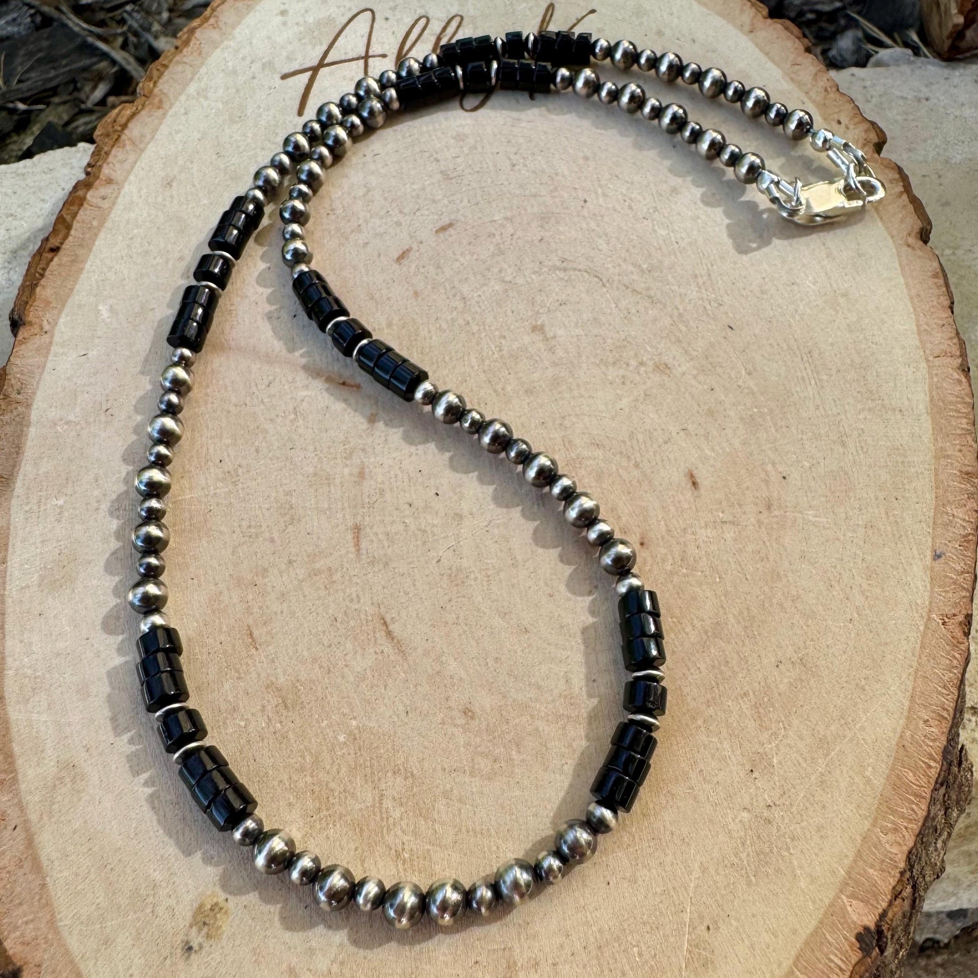 Black Onyx Navajo Pearl & Necklace - Elegant Sterling Silver Heishi Gemstone Jewelry