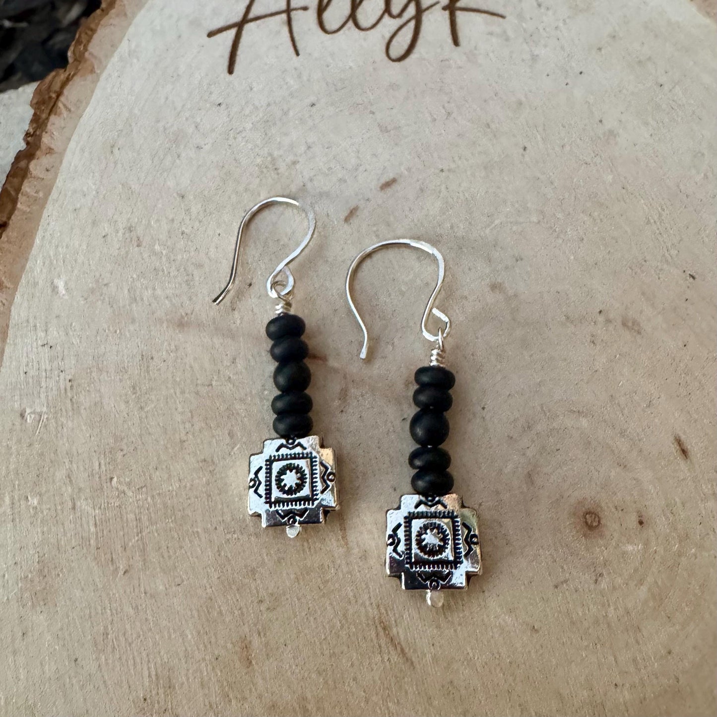 Onyx Dangle Earrings: Southwestern Aztec Sterling Silver