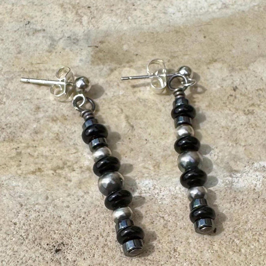 Hematite Onyx Drop Earrings, Navajo Pearl Classic Elegant Style Earrings