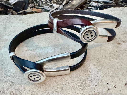 Black Leather Wrap Bracelet with Silver Button Cuff – Coraline Inspired Accessory