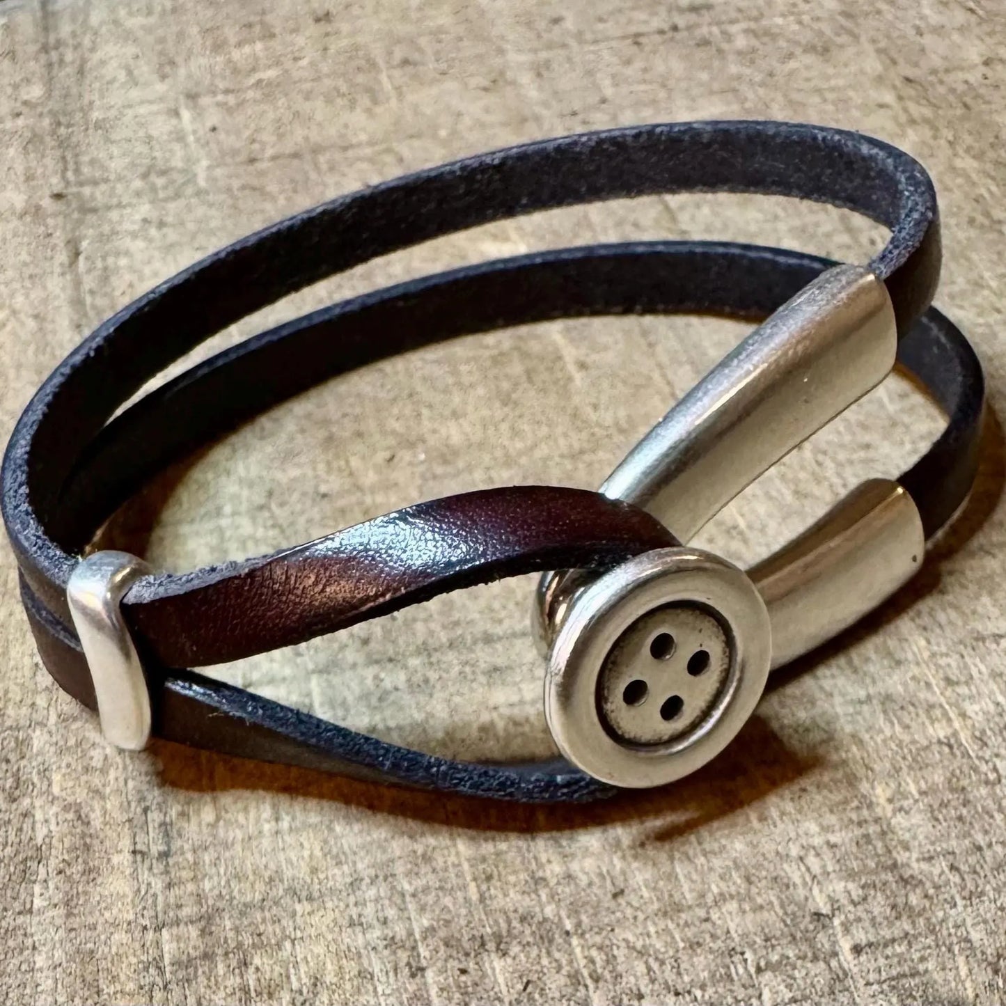 Black Leather Wrap Bracelet with Silver Button Cuff – Coraline Inspired Accessory