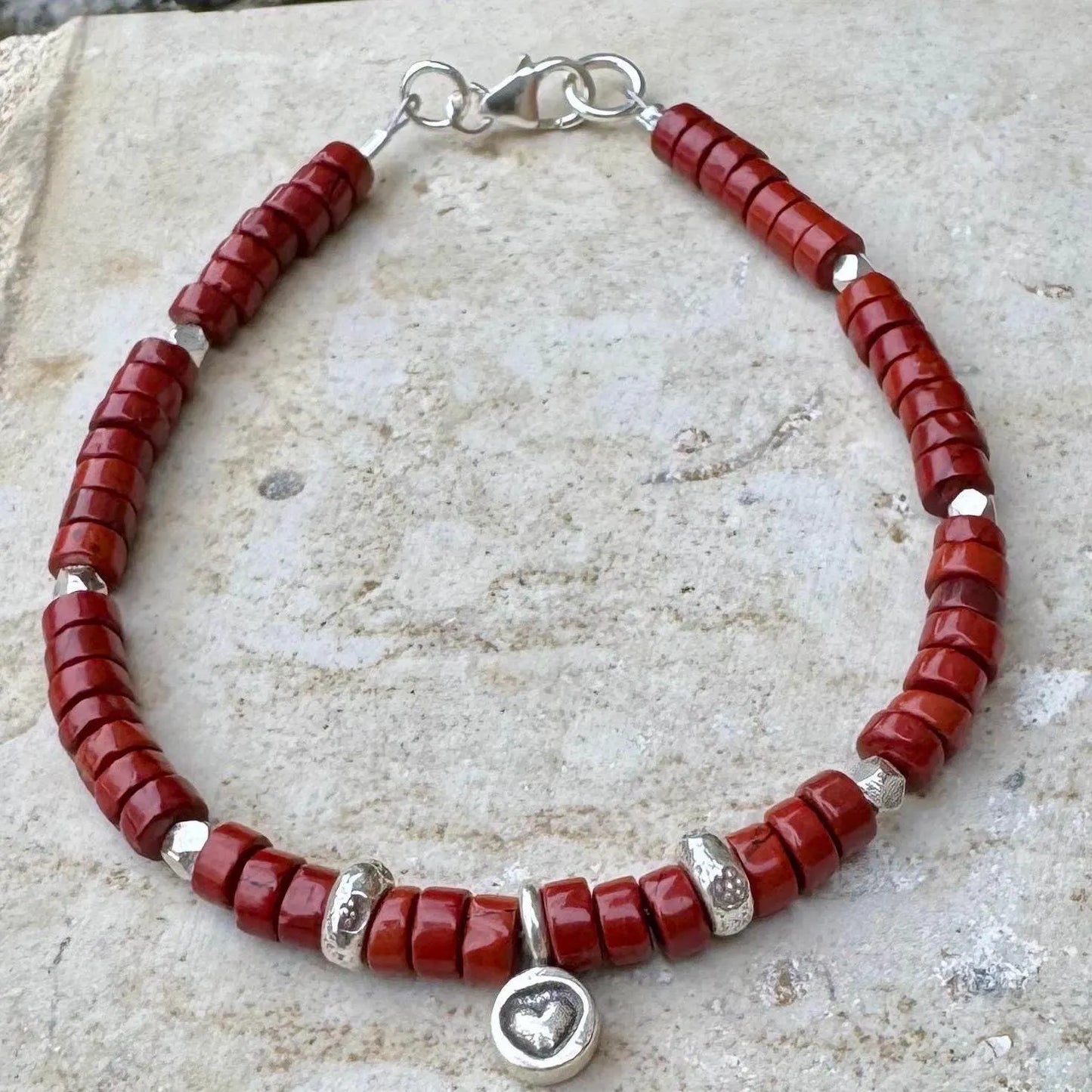 Red Jasper Bracelet – Sterling Silver Heart Charm, Grounding Gemstone Jewelry, Stackable & Handmade