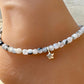 Sterling Silver Star Charm Anklet with Rainbow Moonstone and Black Tourmaline