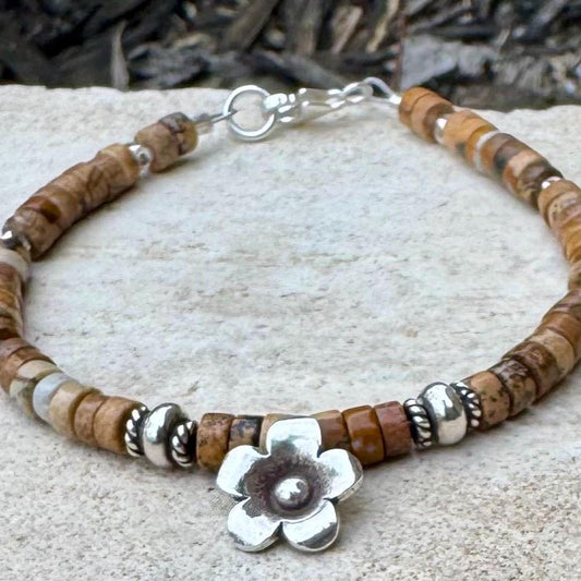 Picture Jasper Bracelet – Sterling Silver Flower Charm, Stackable Boho Gemstone Jewelry