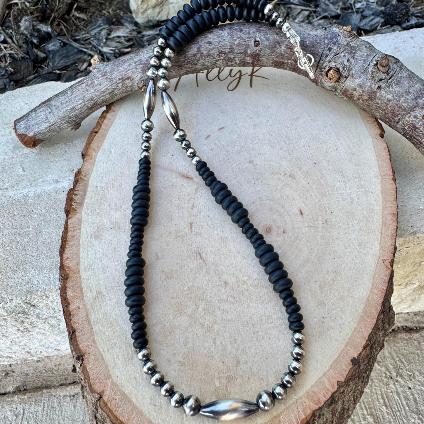 Navajo Pearl & Black Onyx Necklace - Elegant Sterling Silver Heishi Gemstone Jewelry