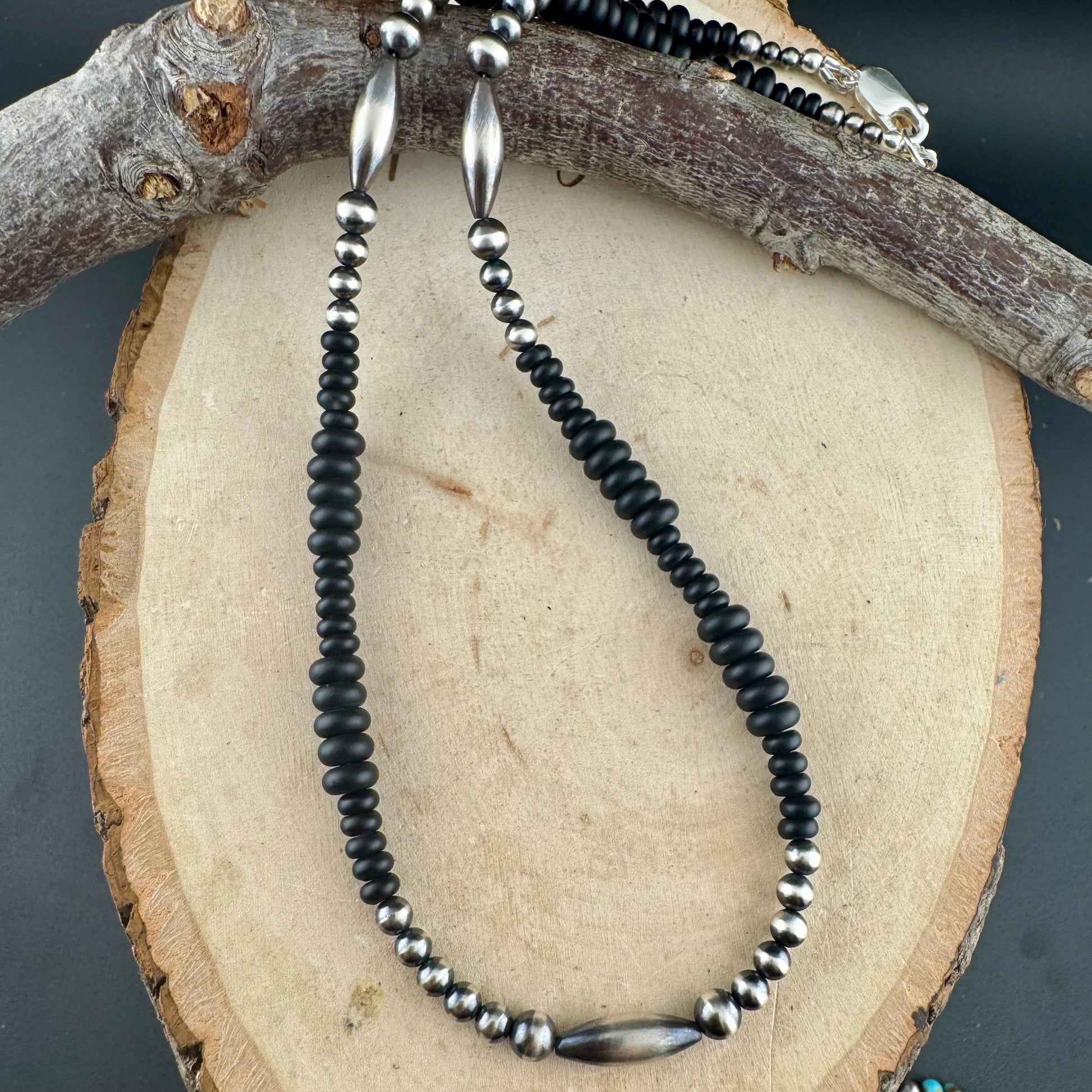 Navajo Pearl & Black Onyx Necklace - Elegant Sterling Silver Heishi Gemstone Jewelry