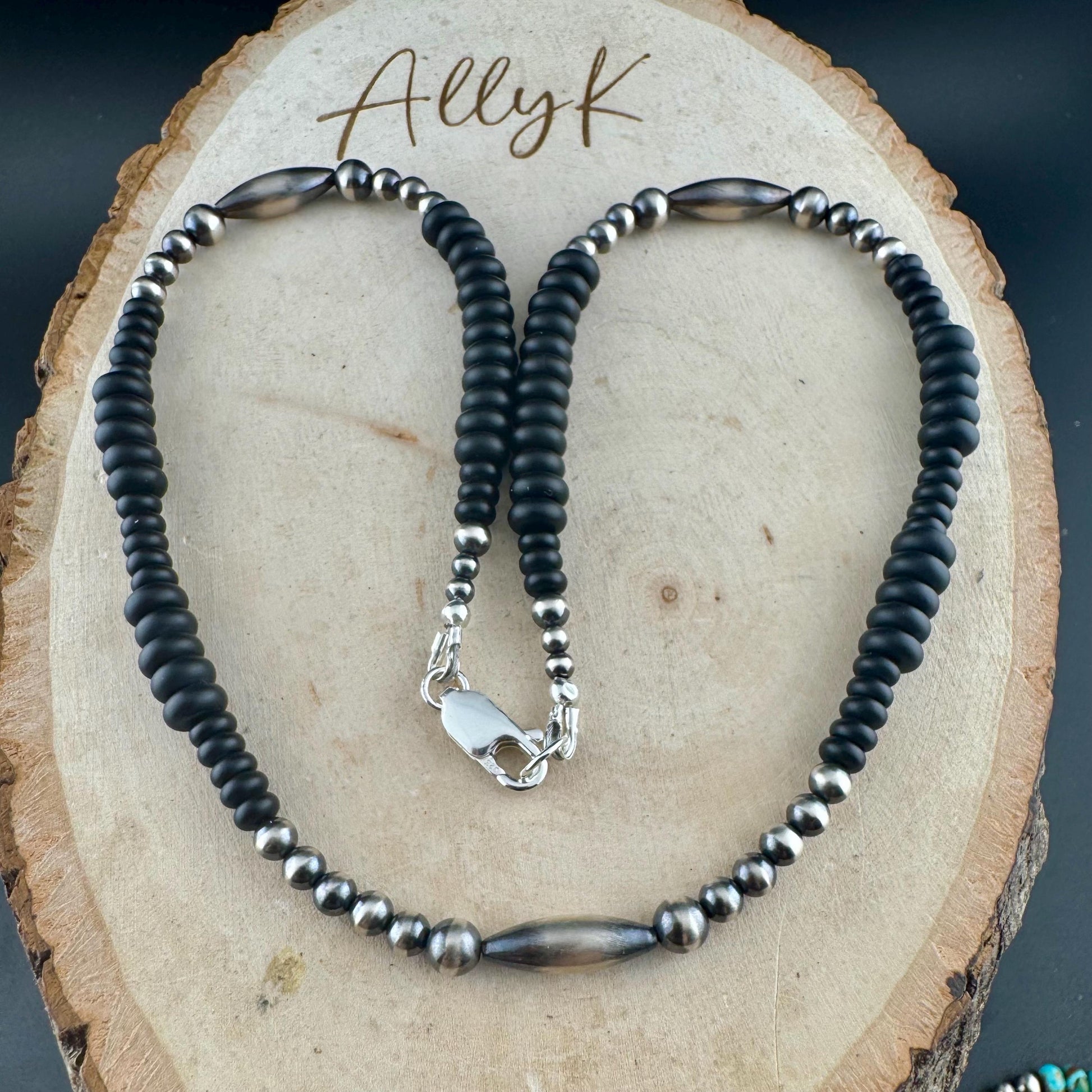 Navajo Pearl & Black Onyx Necklace - Elegant Sterling Silver Heishi Gemstone Jewelry