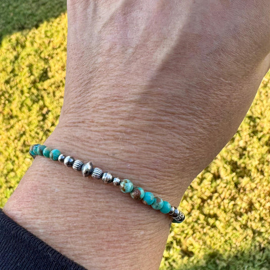 Kingman Turquoise & Navajo Pearl Bracelet - Sterling Silver Round Gemstone Jewelry