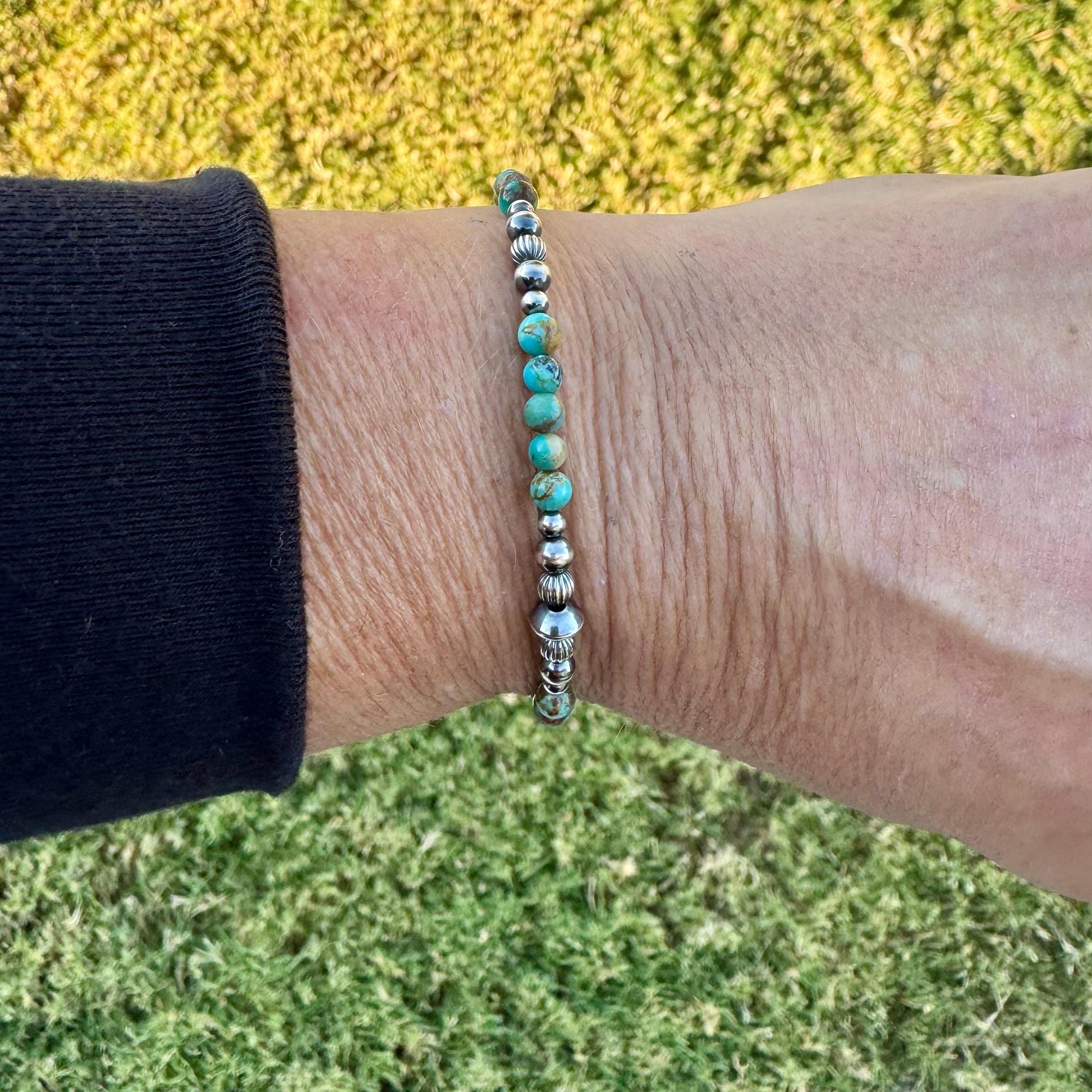 Kingman Turquoise & Navajo Pearl Bracelet - Sterling Silver Round Gemstone Jewelry