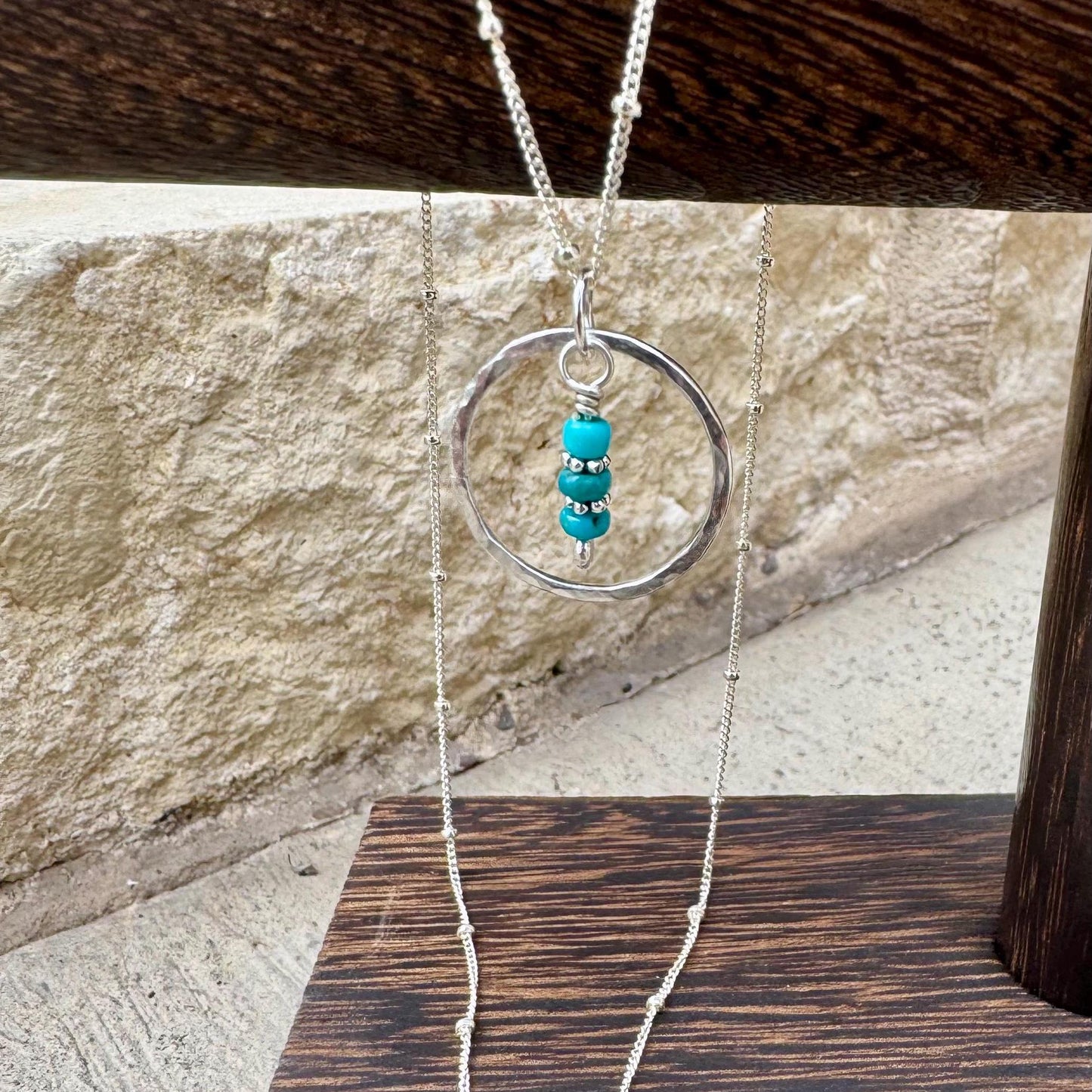 Arizona Turquoise Sterling Silver Necklace: Daisy Spacers, Circle Pendant