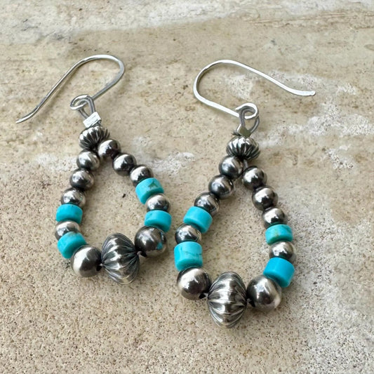 Southwest Style Navajo Pearl Turquoise Teardrop Earrings - Dainty Sterling Silver Dangle Hoops