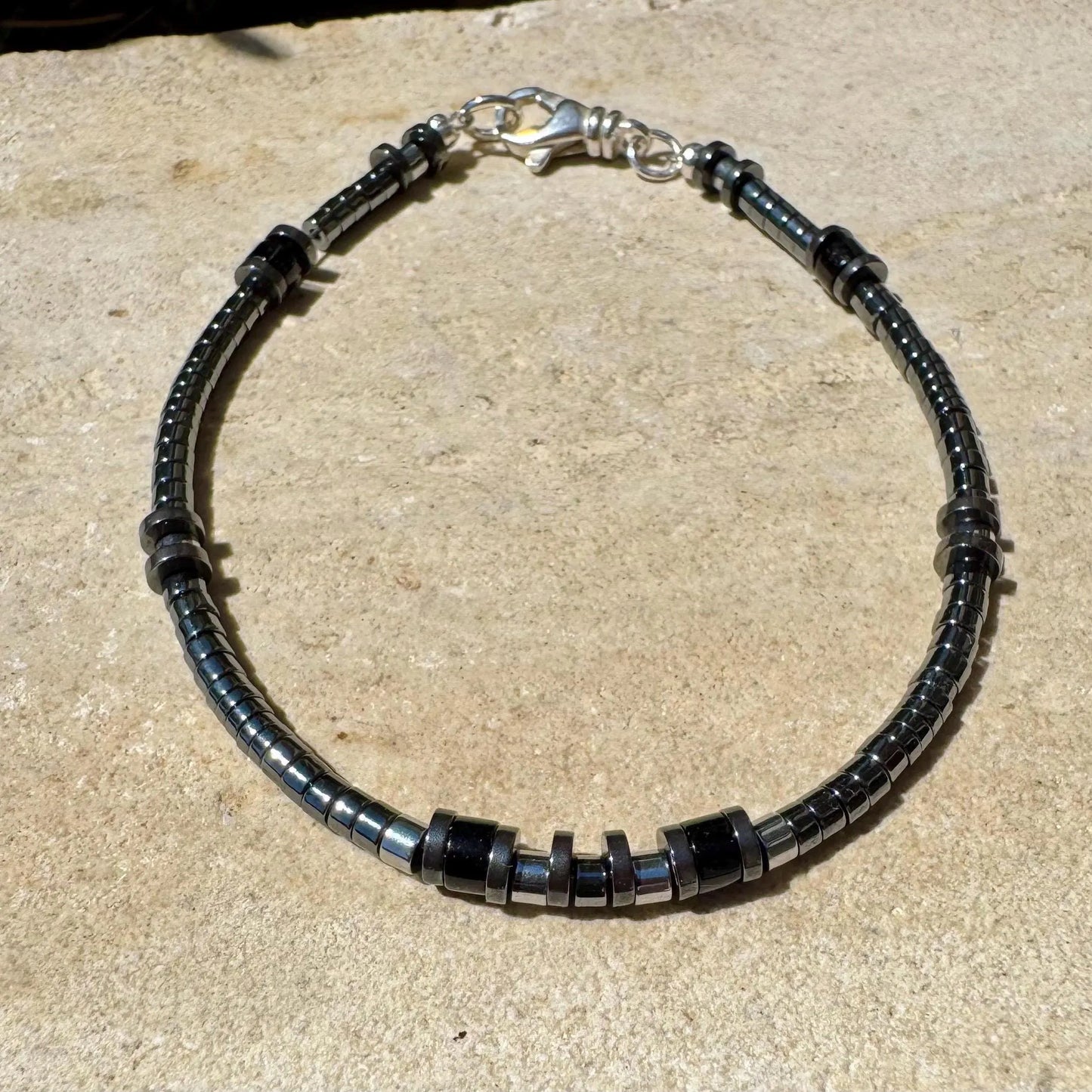 Hematite & Black Onyx Sterling Silver Bracelet – Grounding & Protection Jewelry | Stackable & Handcrafted
