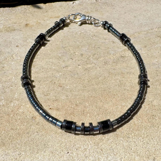 Hematite & Black Onyx Sterling Silver Bracelet – Grounding & Protection Jewelry | Stackable & Handcrafted