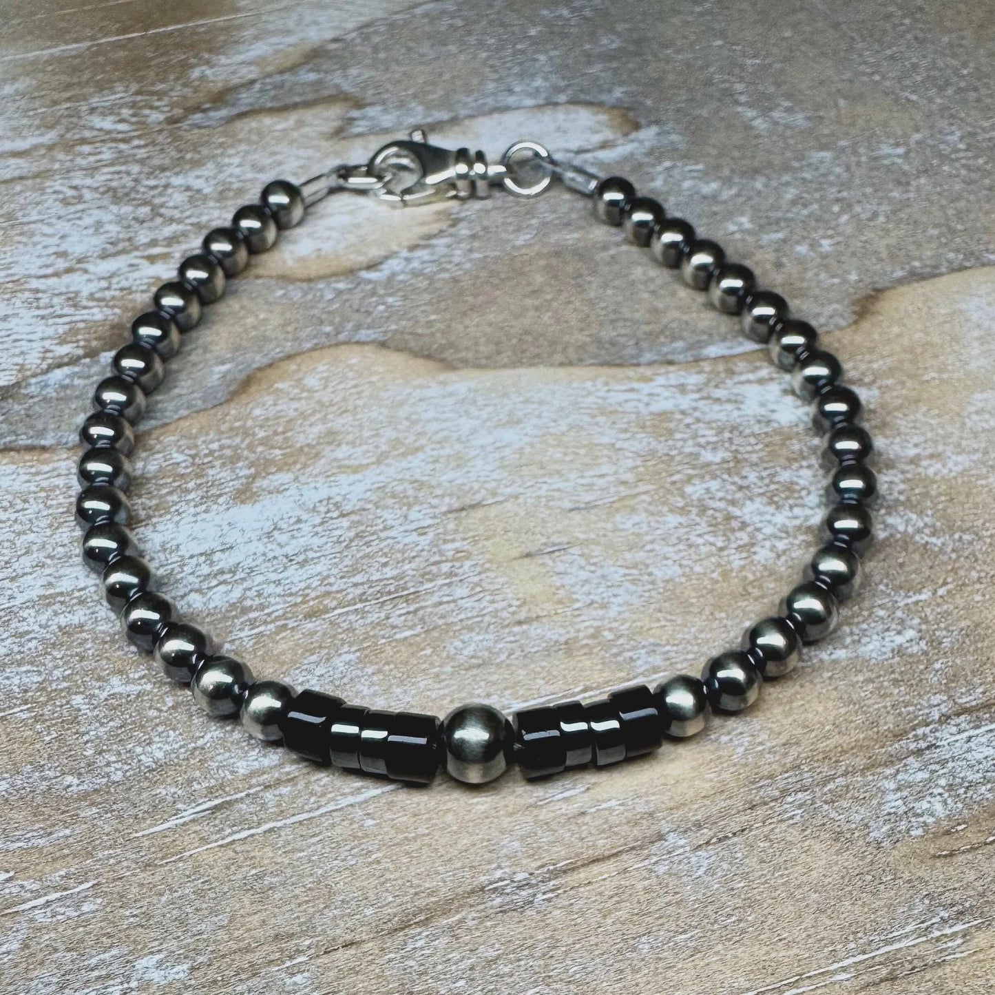 Navajo Pearl Bracelet Black Onyx Hematite Beaded Bracelet, Sterling Silver Gemstone Bracelet