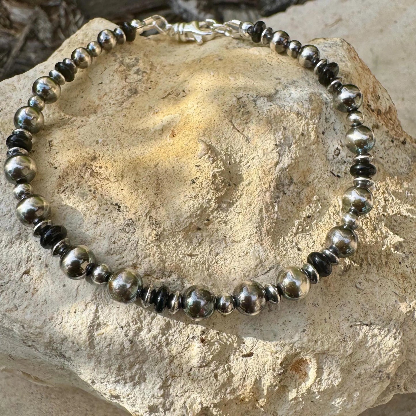 Southwest Style Navajo Pearl Sterling Silver Beaded Bracelet - Boho Native American Inspired Jewelry