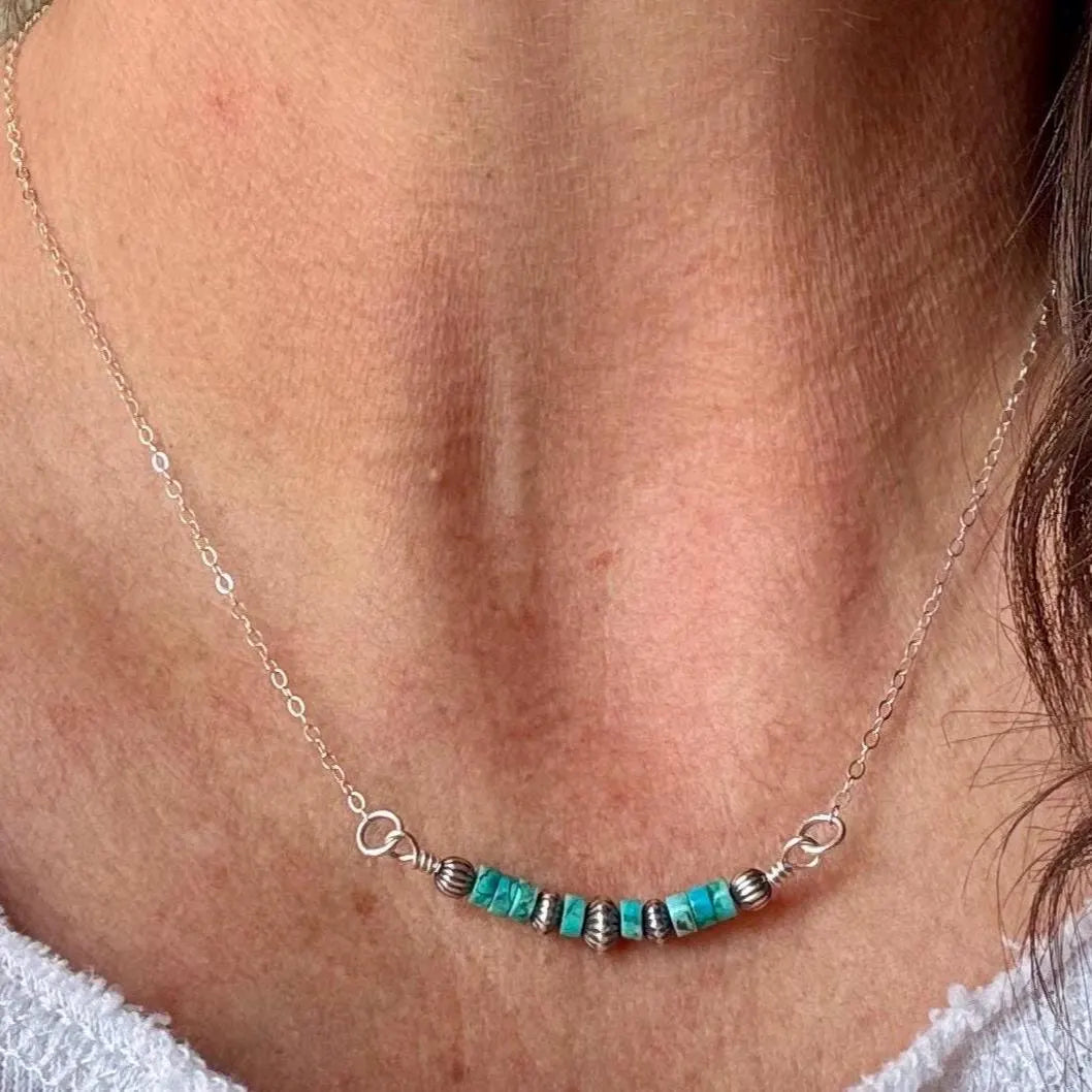 Southwestern Turquoise & Navajo Pearl Bar Necklace – Sterling Silver Pendant
