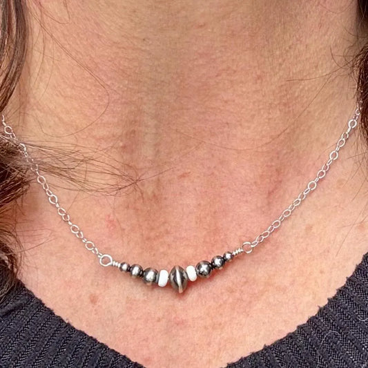 Navajo Pearl & White Turquoise Bar Necklace – Sterling Silver Cable Chain