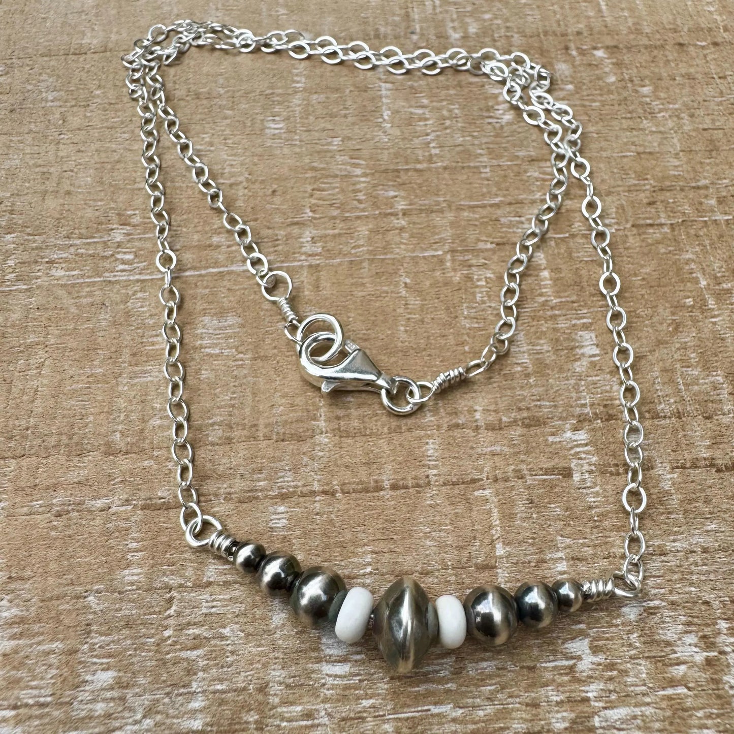 Navajo Pearl & White Turquoise Bar Necklace – Sterling Silver Cable Chain