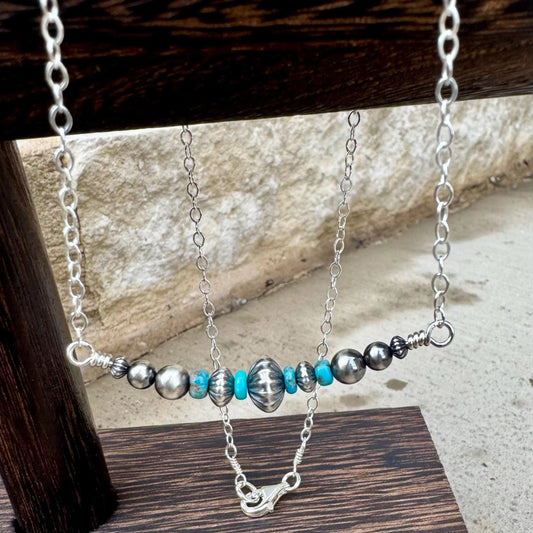 Turquoise Bar Necklace with Navajo Pearls – Sterling Silver Southwestern Jewelry