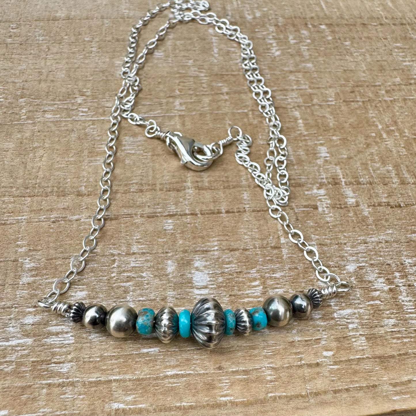 Turquoise Bar Necklace with Navajo Pearls – Sterling Silver Southwestern Jewelry