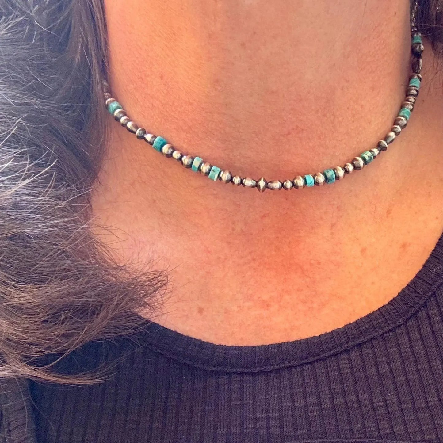 Southwestern Kingman Turquoise & Navajo Pearl Choker – Sterling Silver Gemstone