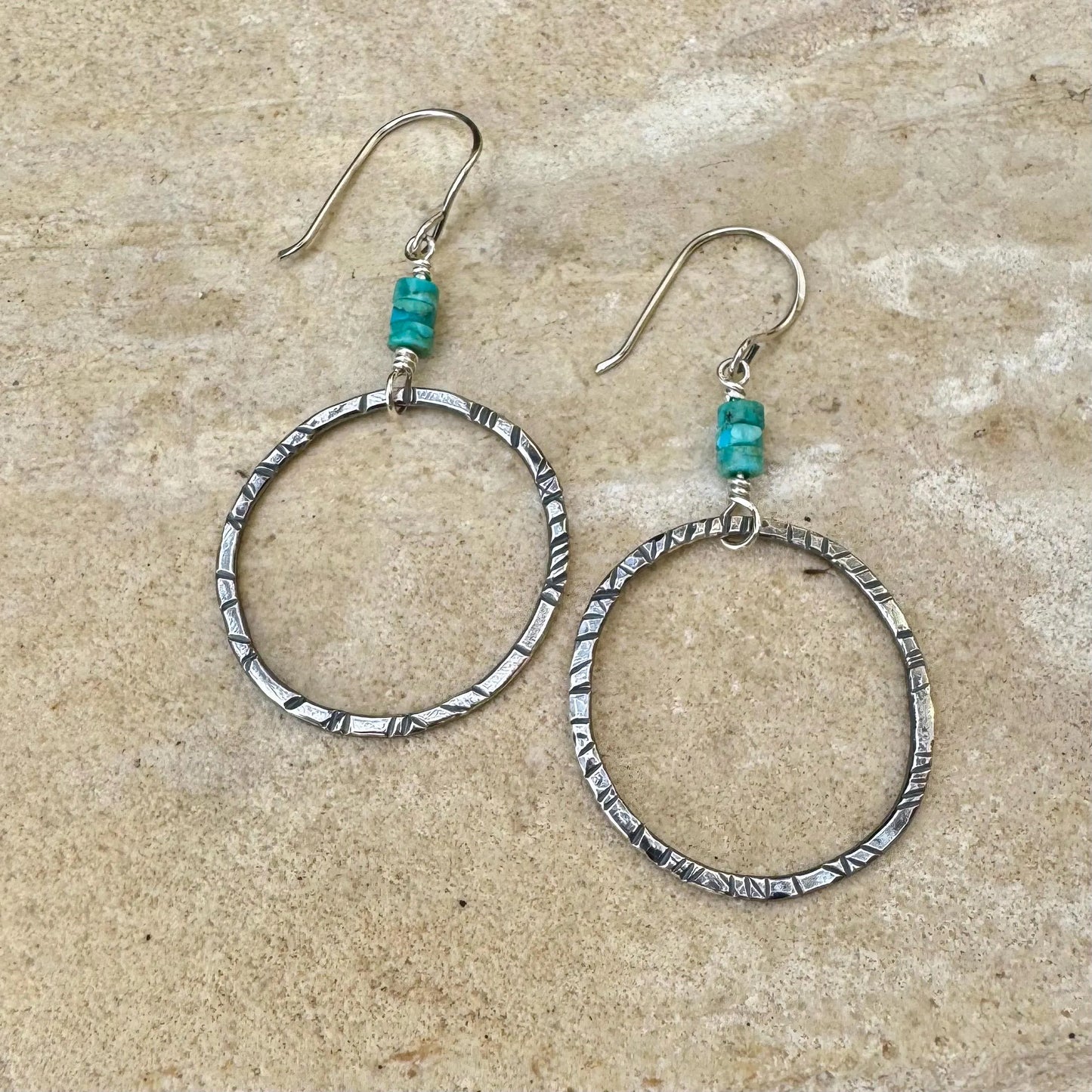 Turquoise Earrings, Sterling Silver Circles, Handmade Turquoise Jewelry