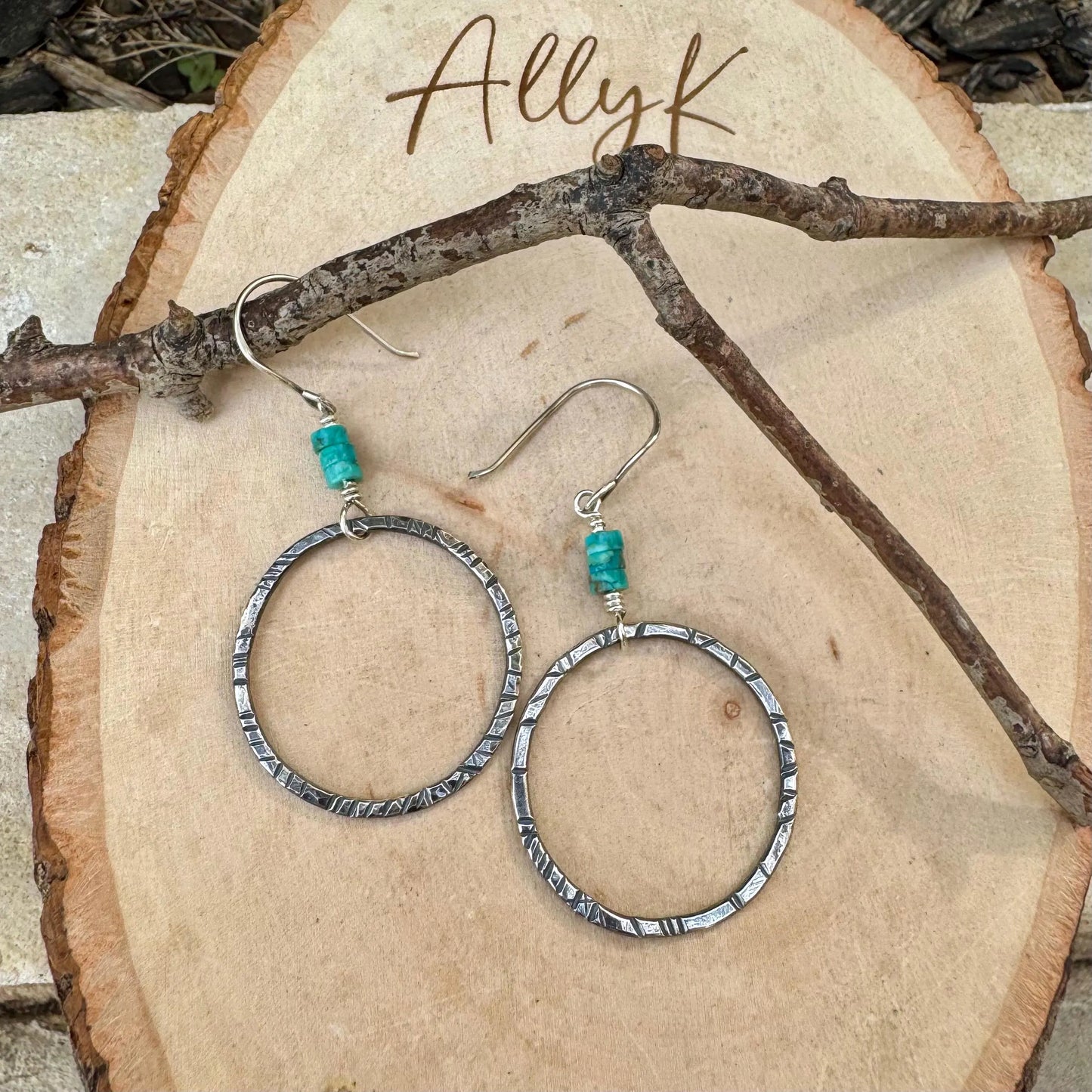 Turquoise Earrings, Sterling Silver Circles, Handmade Turquoise Jewelry