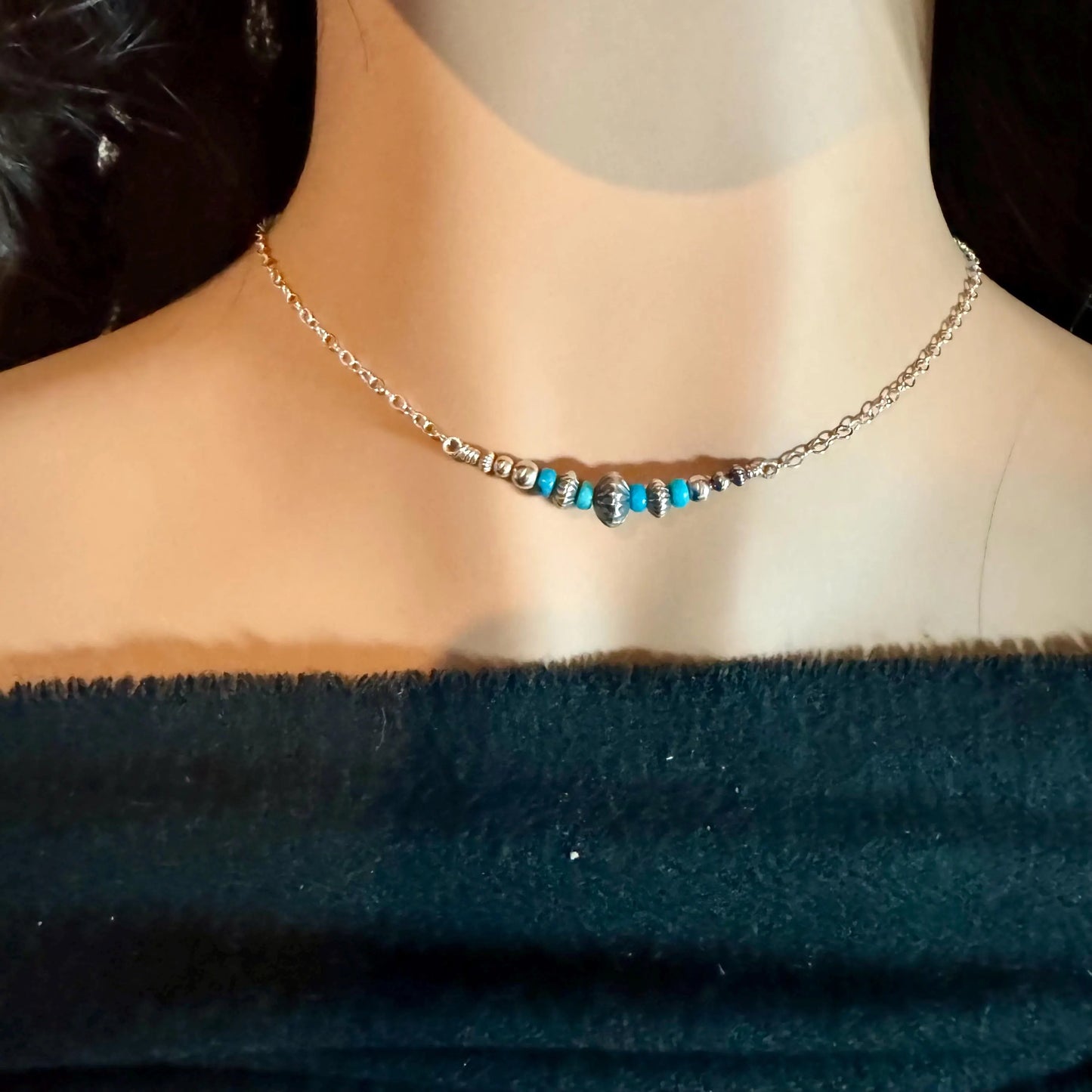 Turquoise Bar Necklace with Navajo Pearls – Sterling Silver Southwestern Jewelry