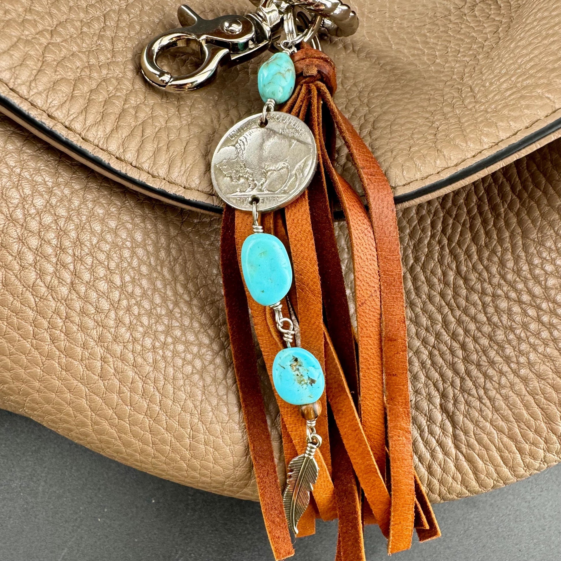 Leather Turquoise Purse Tassel Keychain with Indian Head Buffalo Nickel