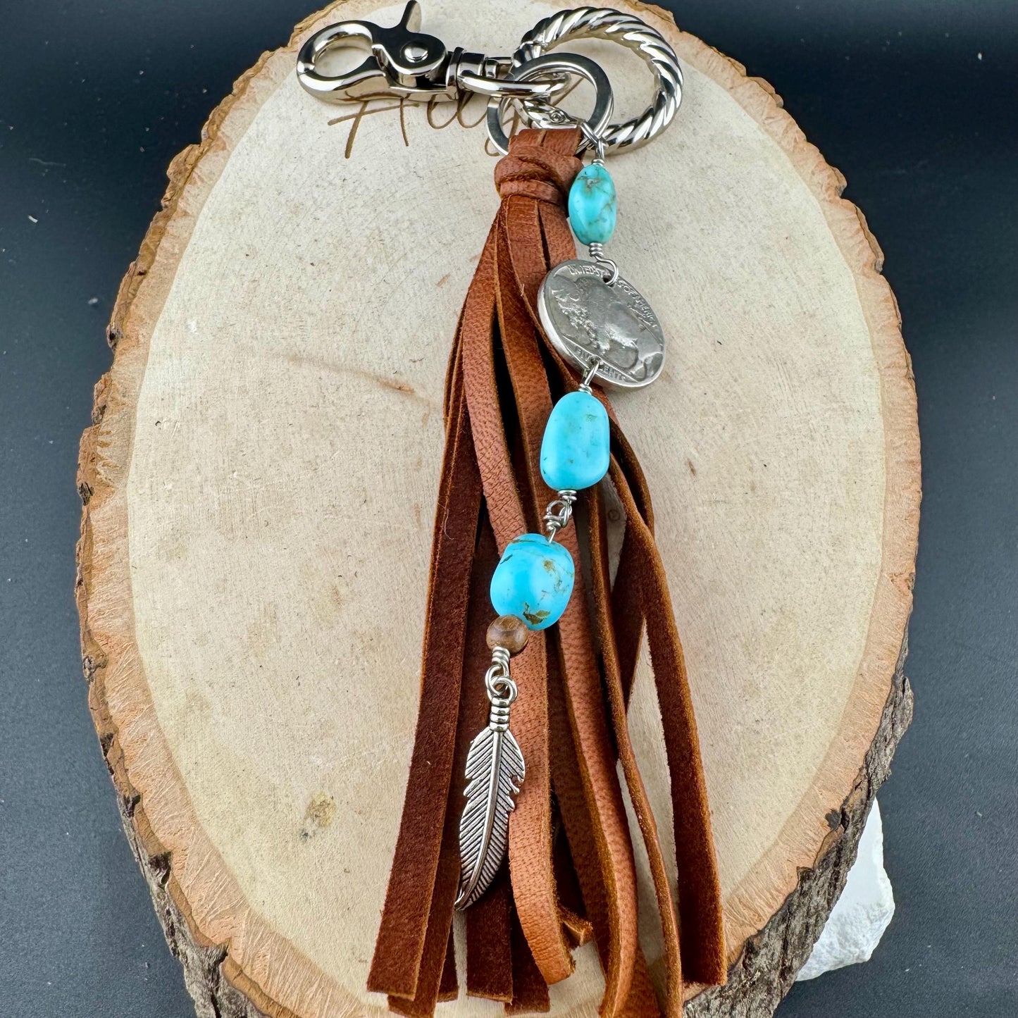 Leather Turquoise Purse Tassel Keychain with Indian Head Buffalo Nickel