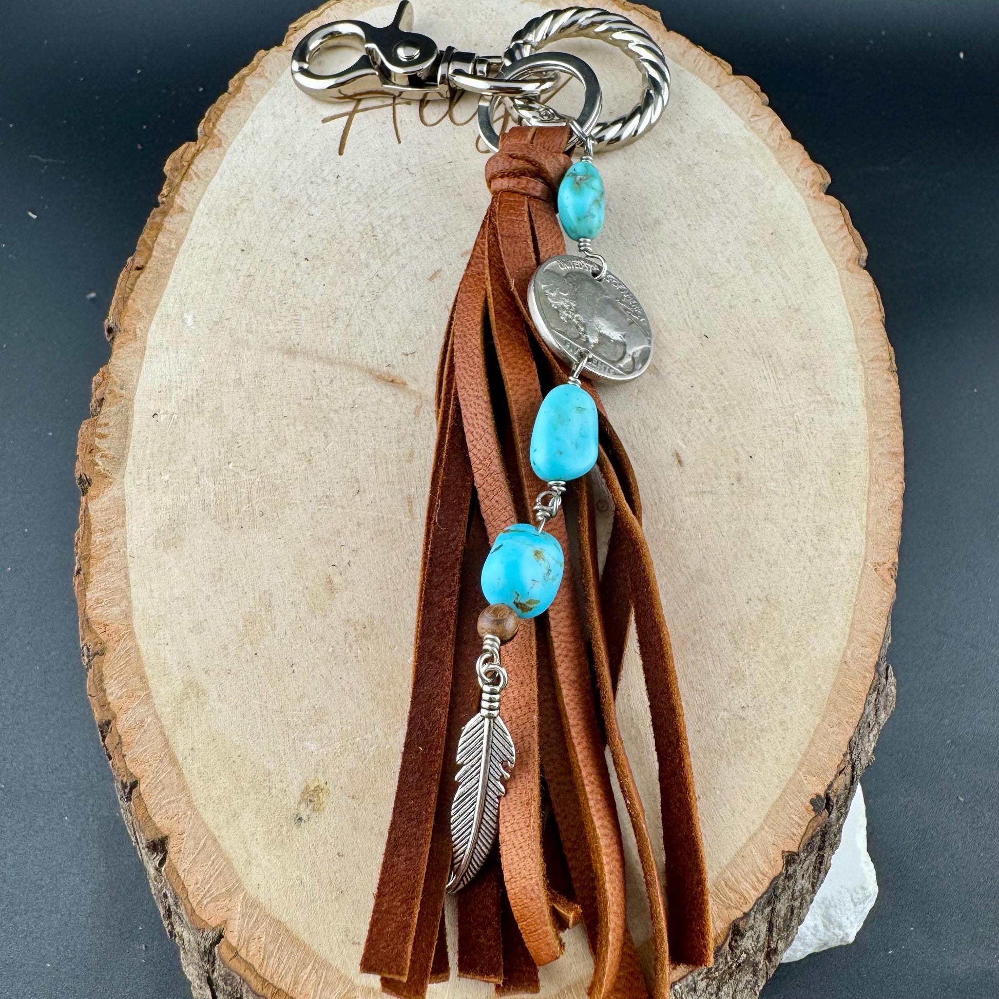 Leather Turquoise Purse Tassel Keychain with Indian Head Buffalo Nickel