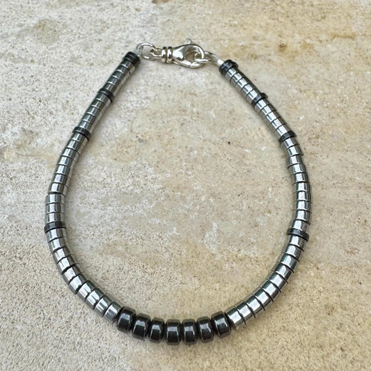 Hematite Bracelet – Unisex Sterling Silver Accent, AAA Grade Natural Stone, Stackable & Handmade