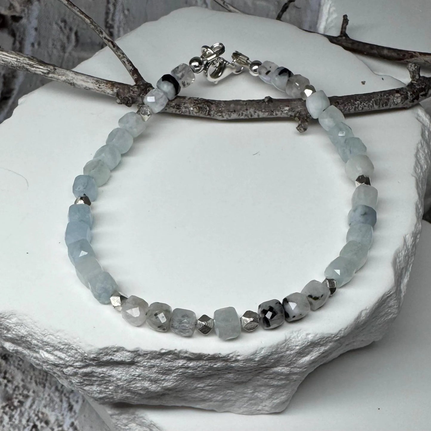 Aquamarine Lapis Moonstone & Black Tourmaline Sterling Silver Bracelet – Protection and New Beginnings Jewelry