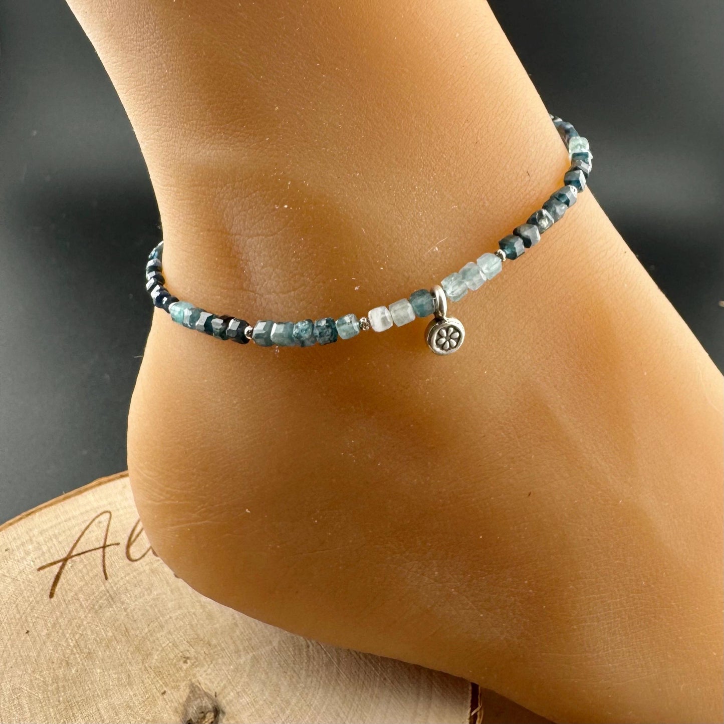 Sterling Silver Flower Charm Anklet with Paraiba Blue Tourmaline