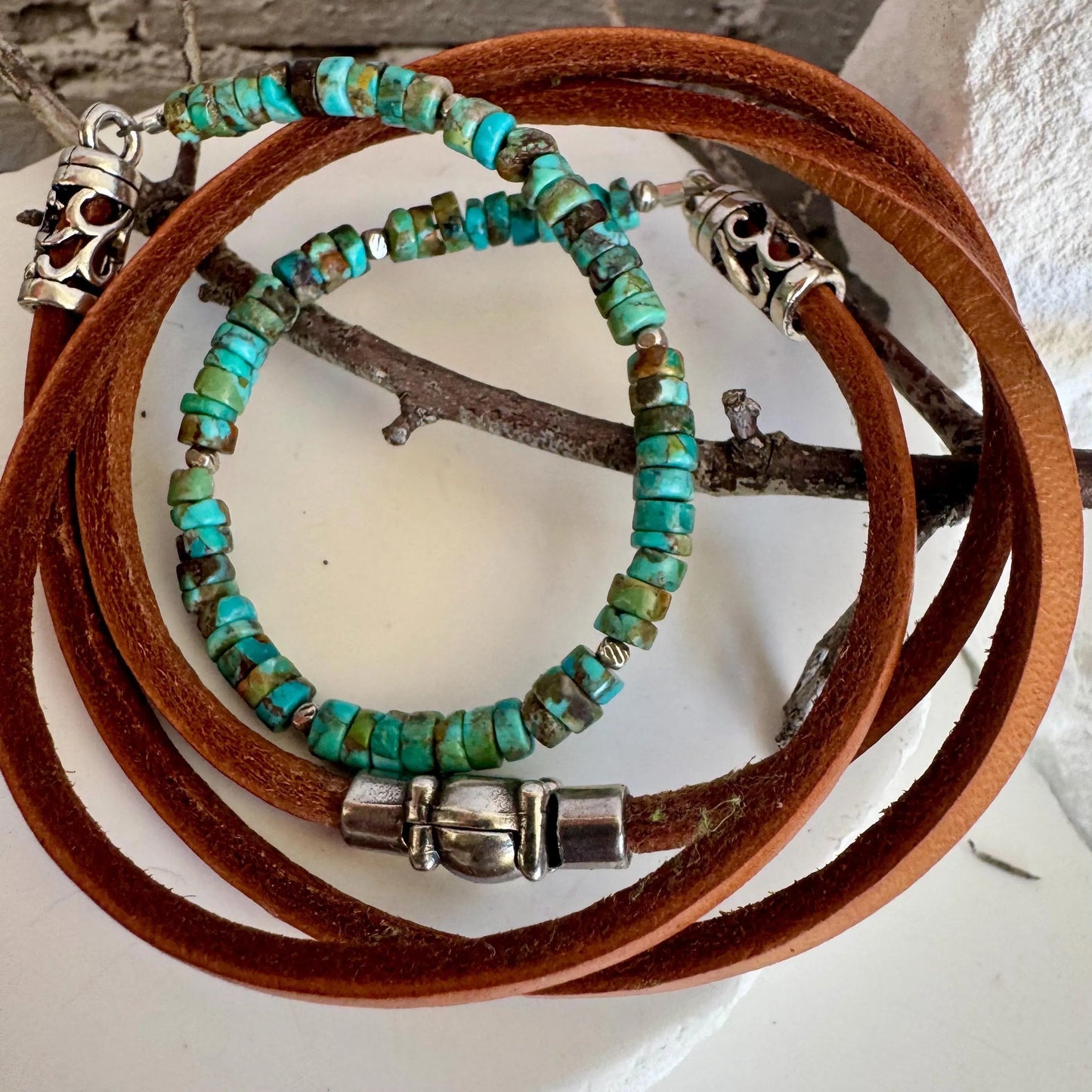 Turquoise Leather Wrap Bracelet with Silver Magnetic Clasp