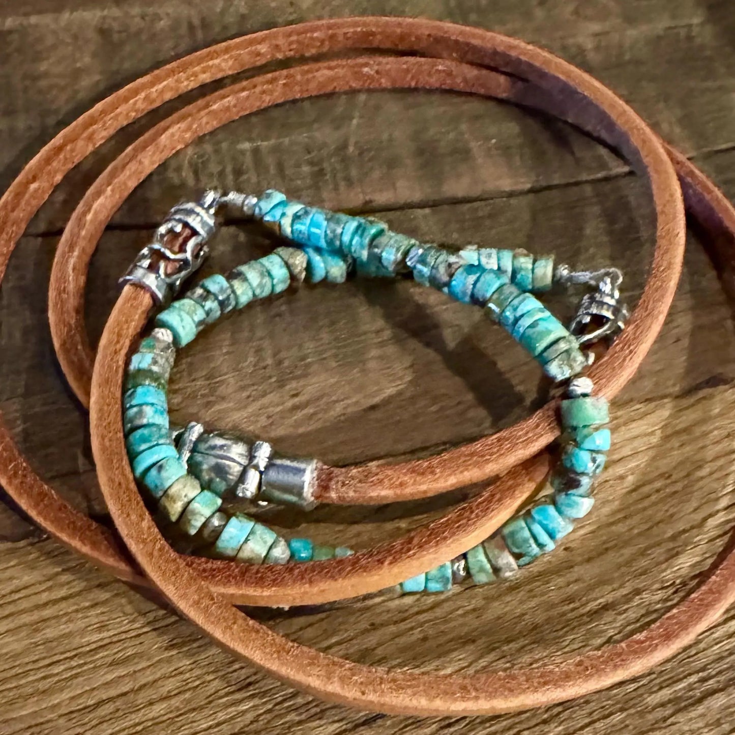 Turquoise Leather Wrap Bracelet with Silver Magnetic Clasp