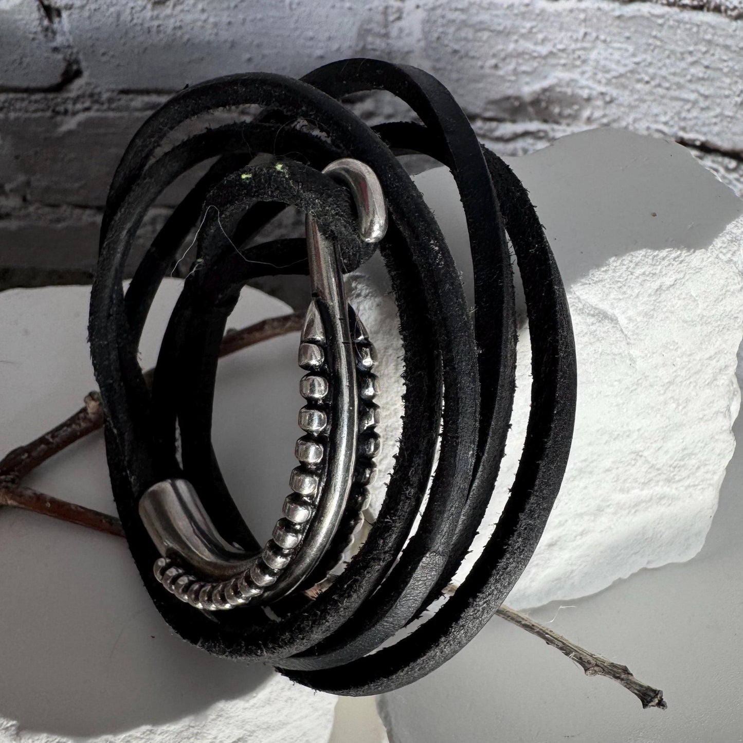 Silver Half Cuff & Square Leather Multi Wrap Bracelet | Artisan Jewelry