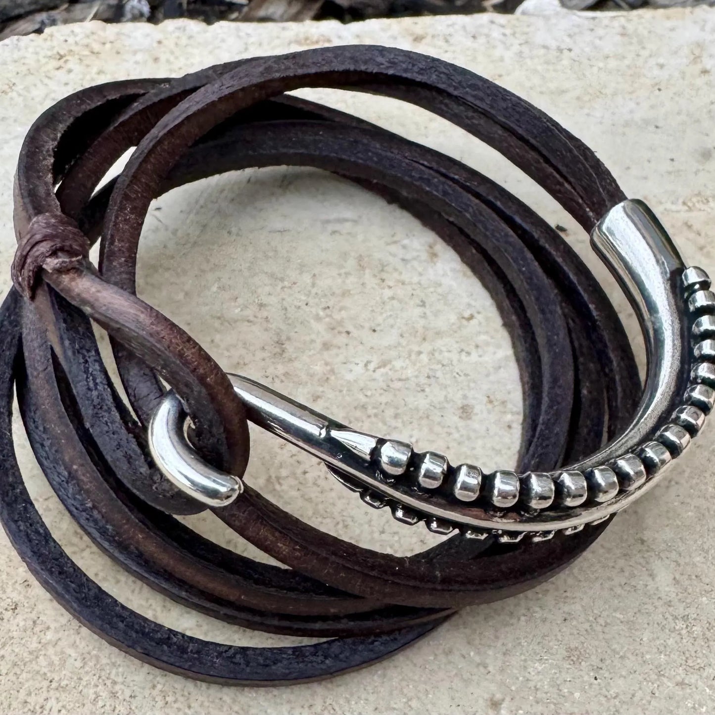 Silver Half Cuff & Square Leather Multi Wrap Bracelet | Artisan Jewelry
