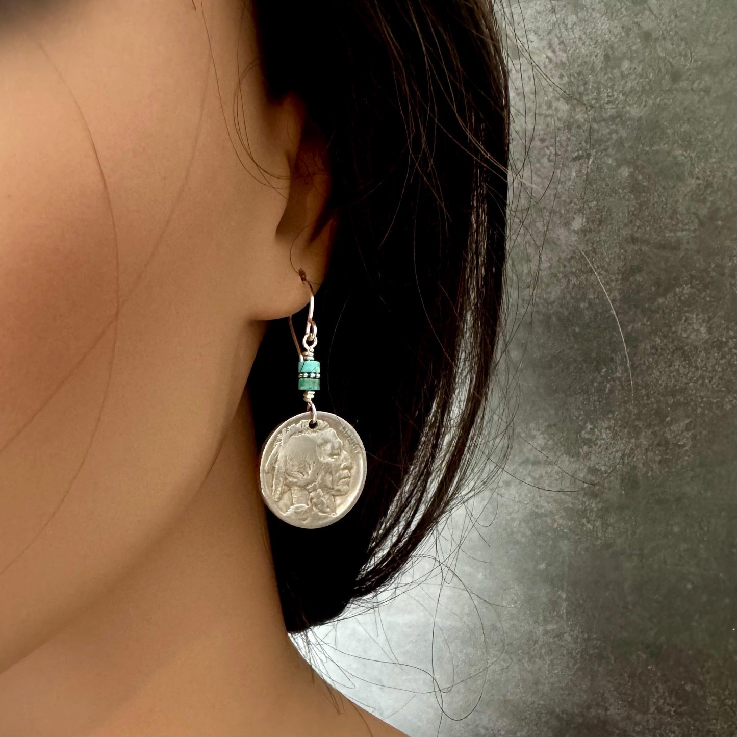 Southwestern Style Sterling Silver Earrings with Indian Buffalo Nickel and Turquoise