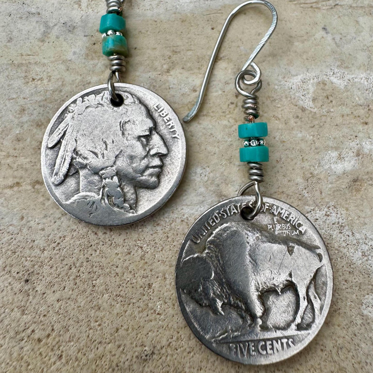 Southwestern Style Sterling Silver Earrings with Indian Buffalo Nickel and Turquoise