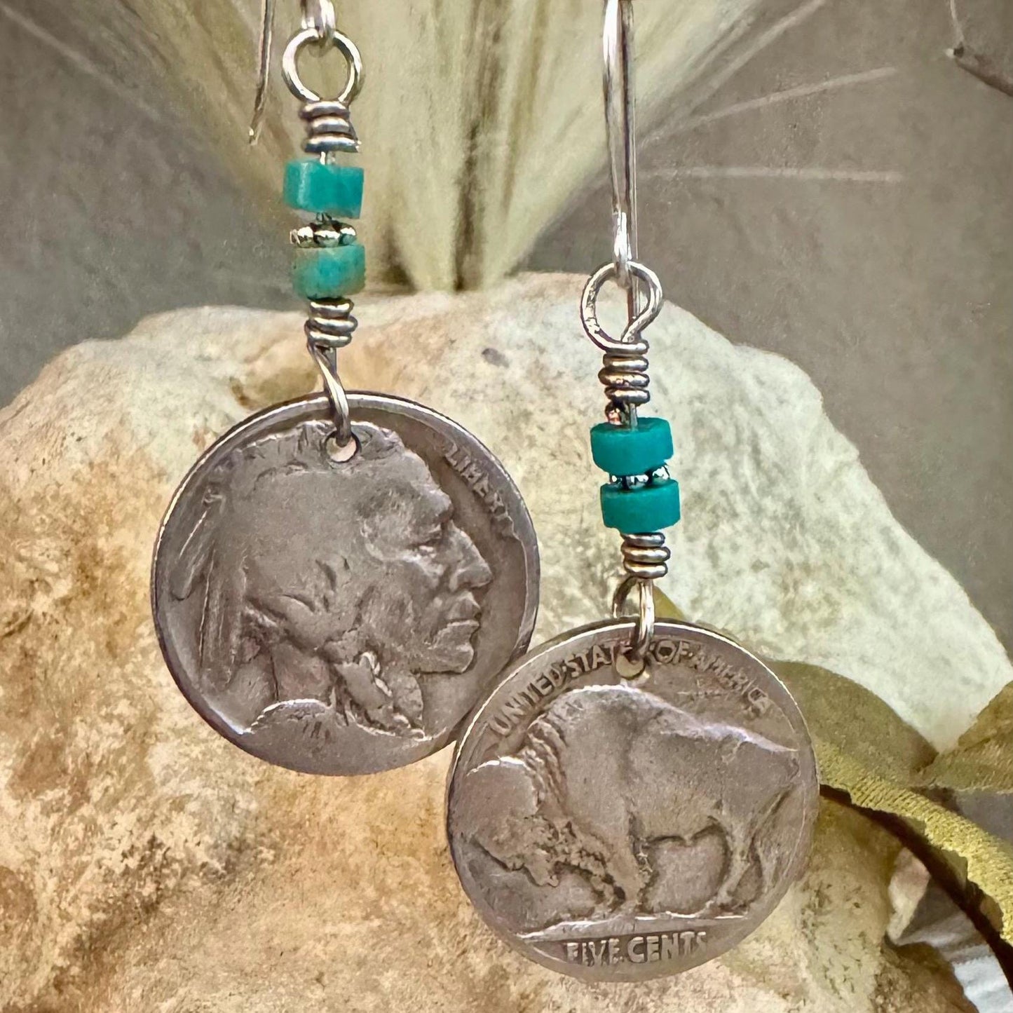 Southwestern Style Sterling Silver Earrings with Indian Buffalo Nickel and Turquoise