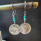 Southwestern Style Sterling Silver Earrings with Indian Buffalo Nickel and Turquoise
