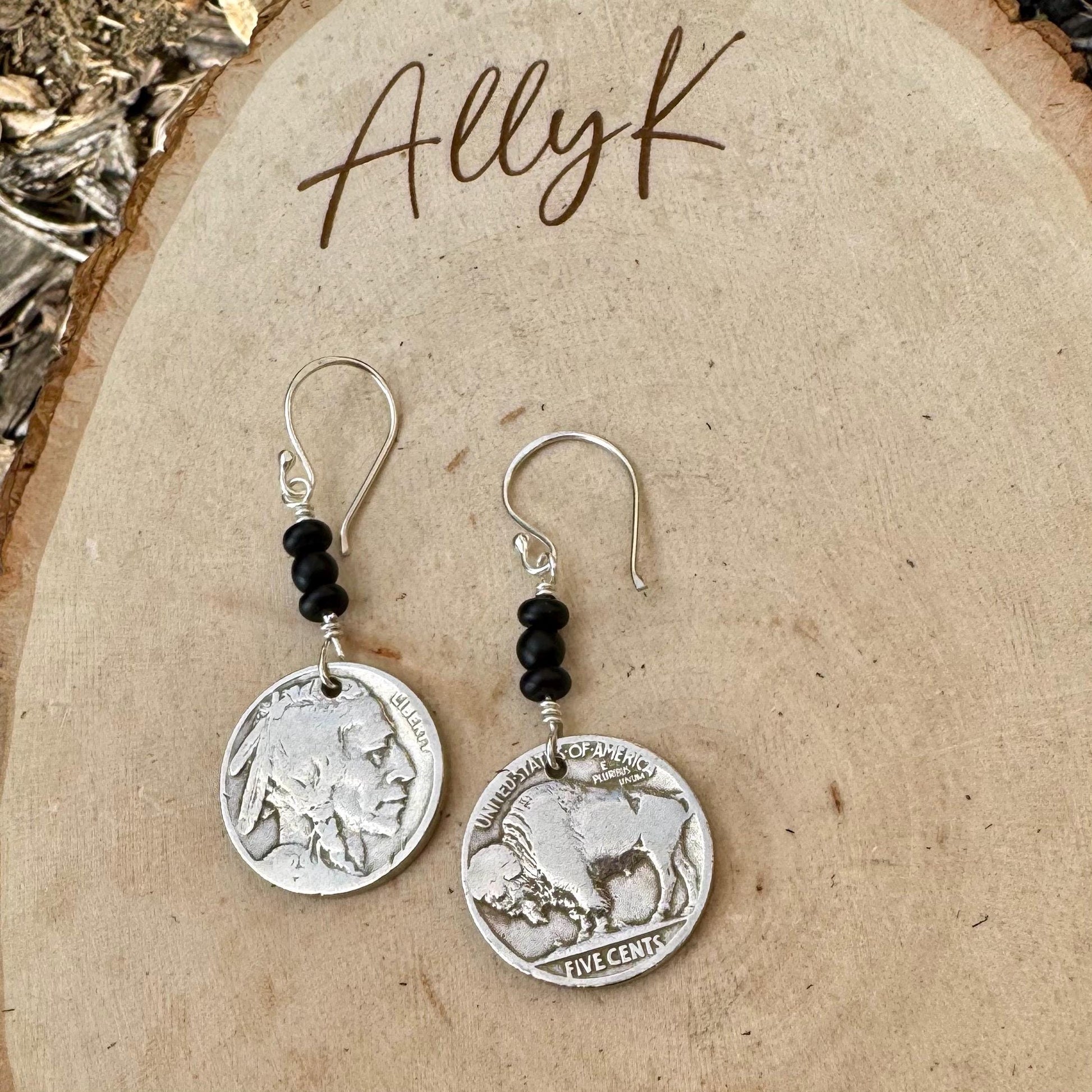Southwestern Style Sterling Silver Earrings with Indian Buffalo Nickel and Onyx