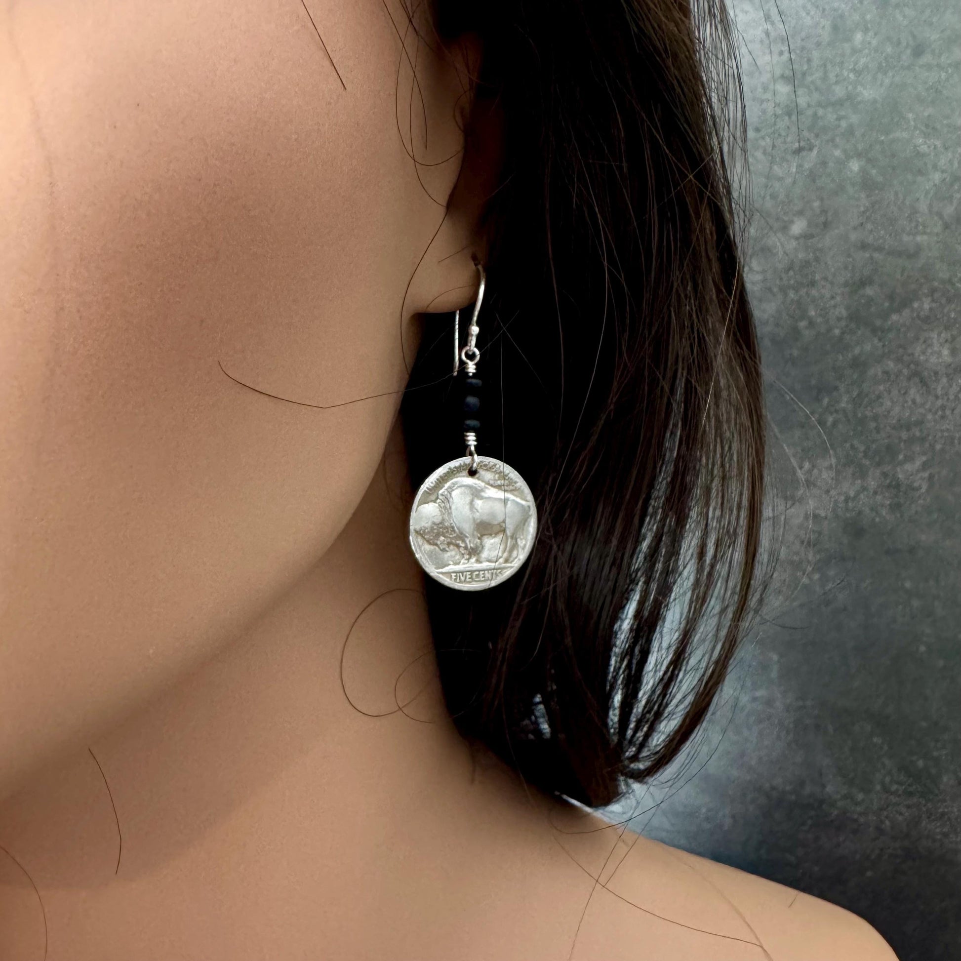 Southwestern Style Sterling Silver Earrings with Indian Buffalo Nickel and Onyx